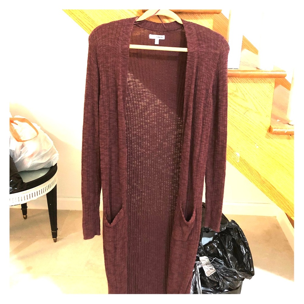 long, maroon, knee-length, knit sweater